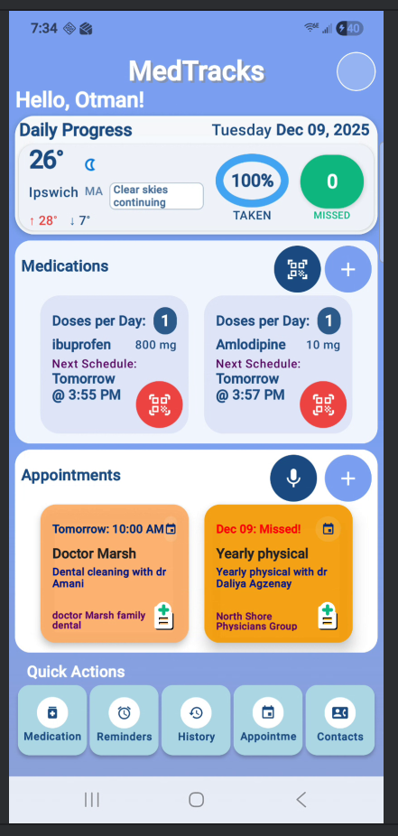 MedTracks health companion app dashboard on a phone