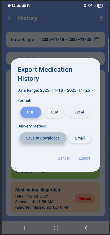 Export and email medication history