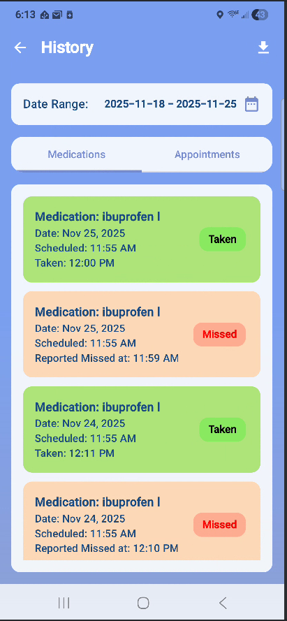 Medication intake history screen